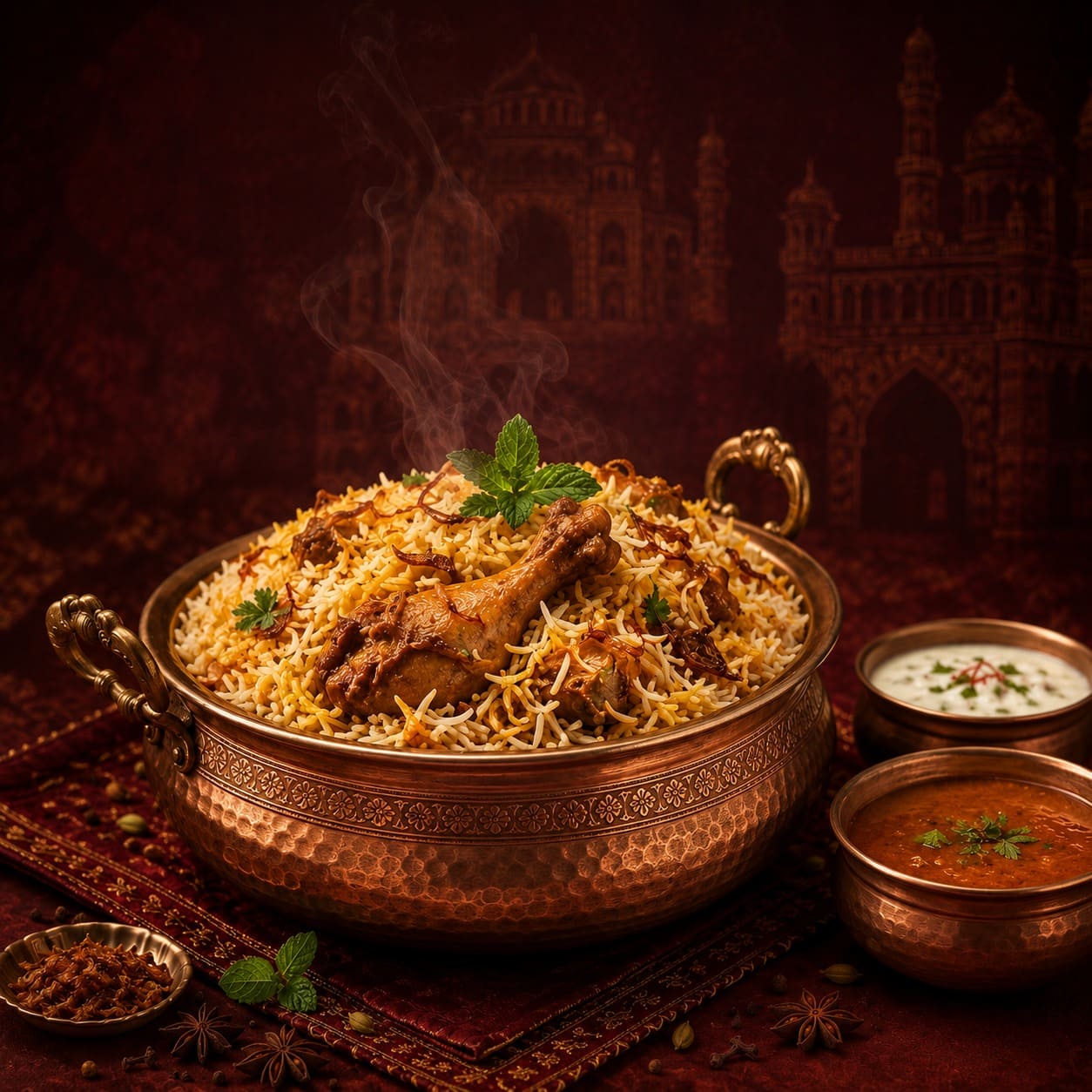 Authentic Hyderabadi Dum Biryani in copper handi